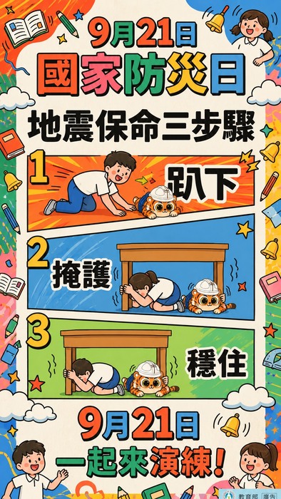 9月21日國家防災日地震保命三步驟